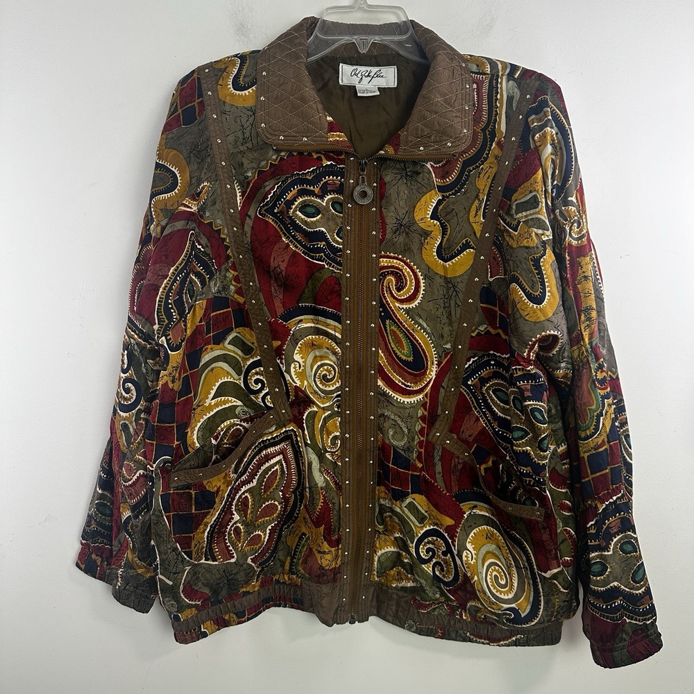 Vintage Womens Silk Bomber Jacket Large Retro Print Full Zip 90s Gold Studs